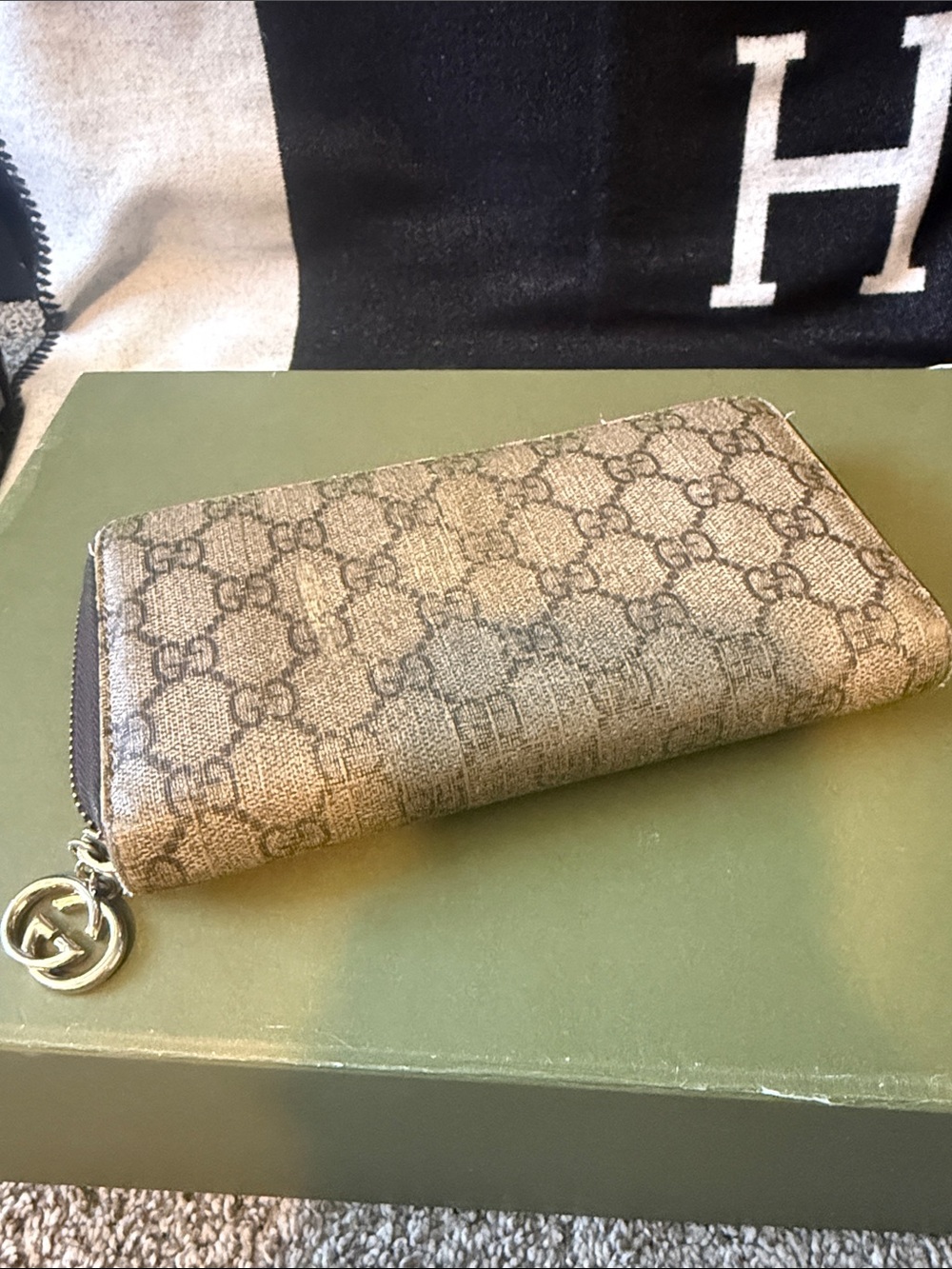Gucci Brown Monogram Zip Wallet with Gold GG Charm